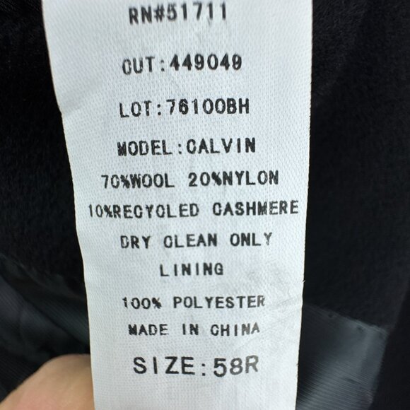 Calvin Klein Overcoat Mens 58R Black Wool Cashmere Blend Classic 3 Button - Picture 6 of 16